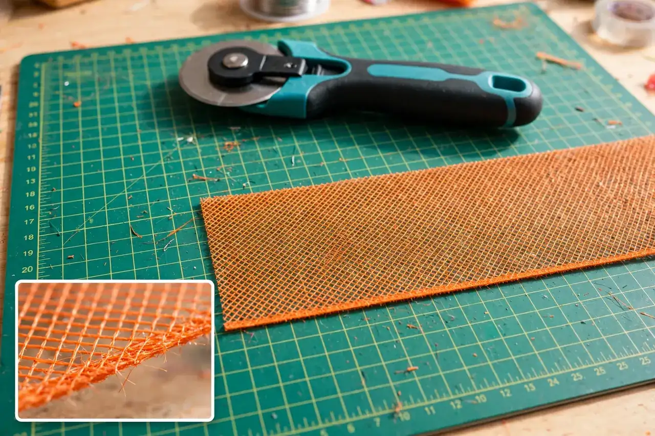Cutting deco mesh with a rotary cutter on a cutting mat, close-up inset of the clean cut edge