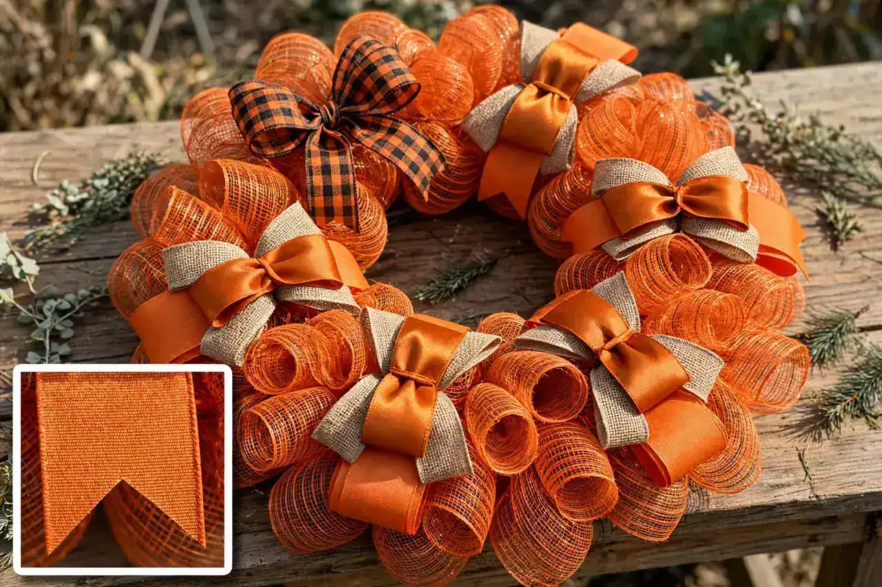 Ribbon tails and bows finished on an orange deco mesh wreath with a close-up inset of a dovetail V notch