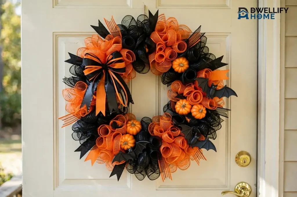 Finished orange-and-black deco mesh Halloween wreath with ribbon tails and a bow on a front door
