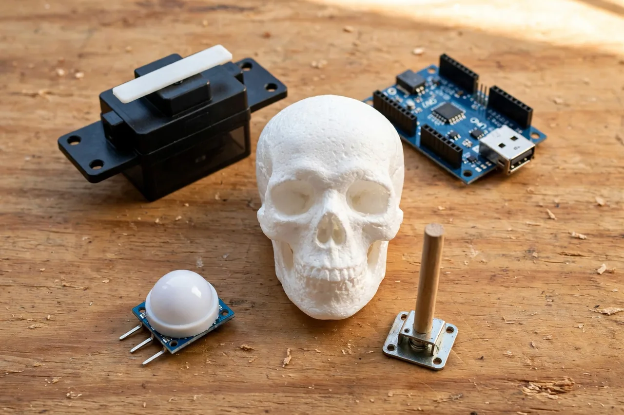 The four parts of a beginner animatronic - hobby servo, microcontroller board, PIR motion sensor and wooden pivot post - around a foam skull