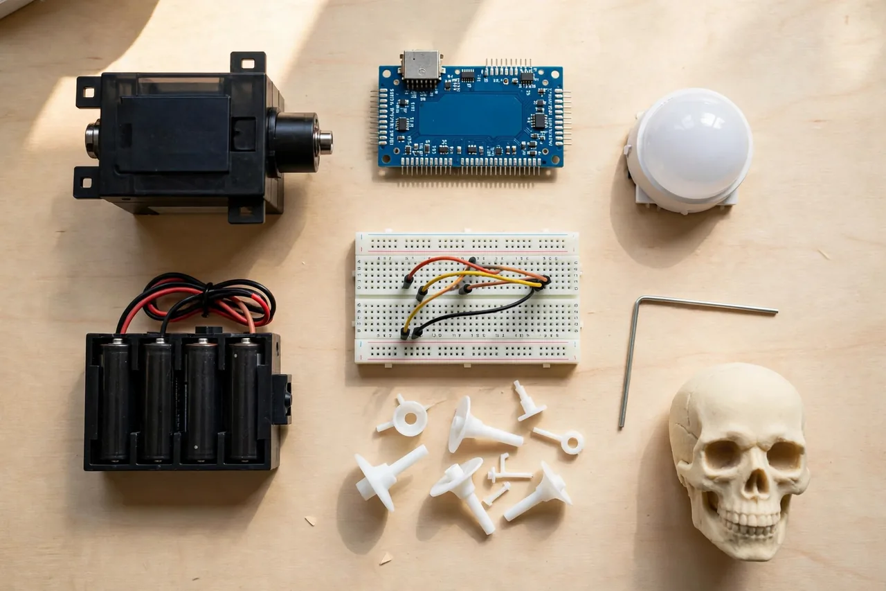 Flat lay of animatronic build parts: servo, controller board, PIR sensor, battery pack, breadboard, jumper wires, servo horns, linkage rod and foam skull