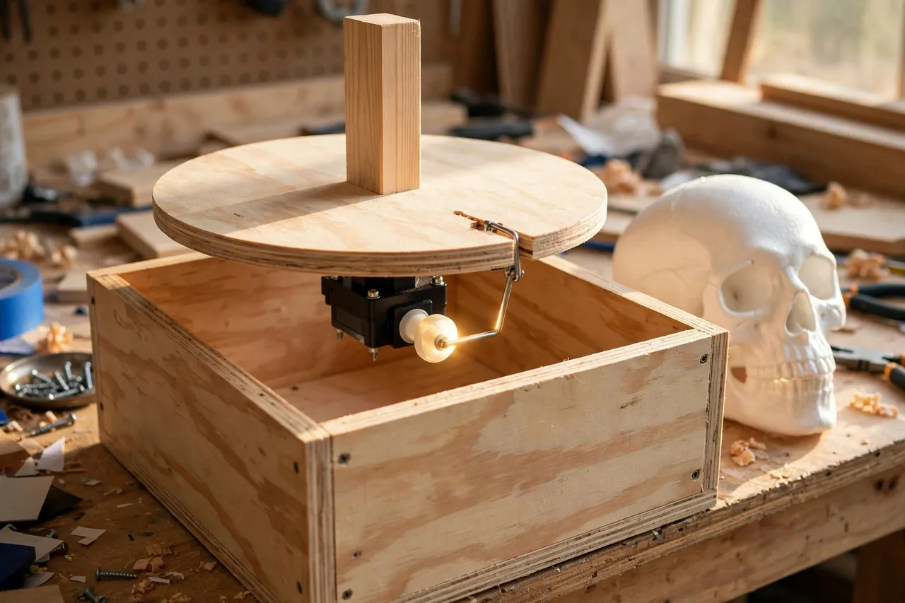Wooden base box with a vertical post on a pivot plate, servo mounted underneath and a wire linkage rod connecting the servo horn to the pivot