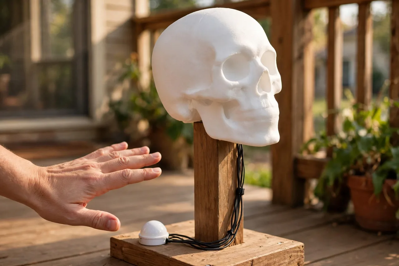 A hand waving in front of the PIR sensor dome to trigger-test a skull animatronic with its head turned mid-swing