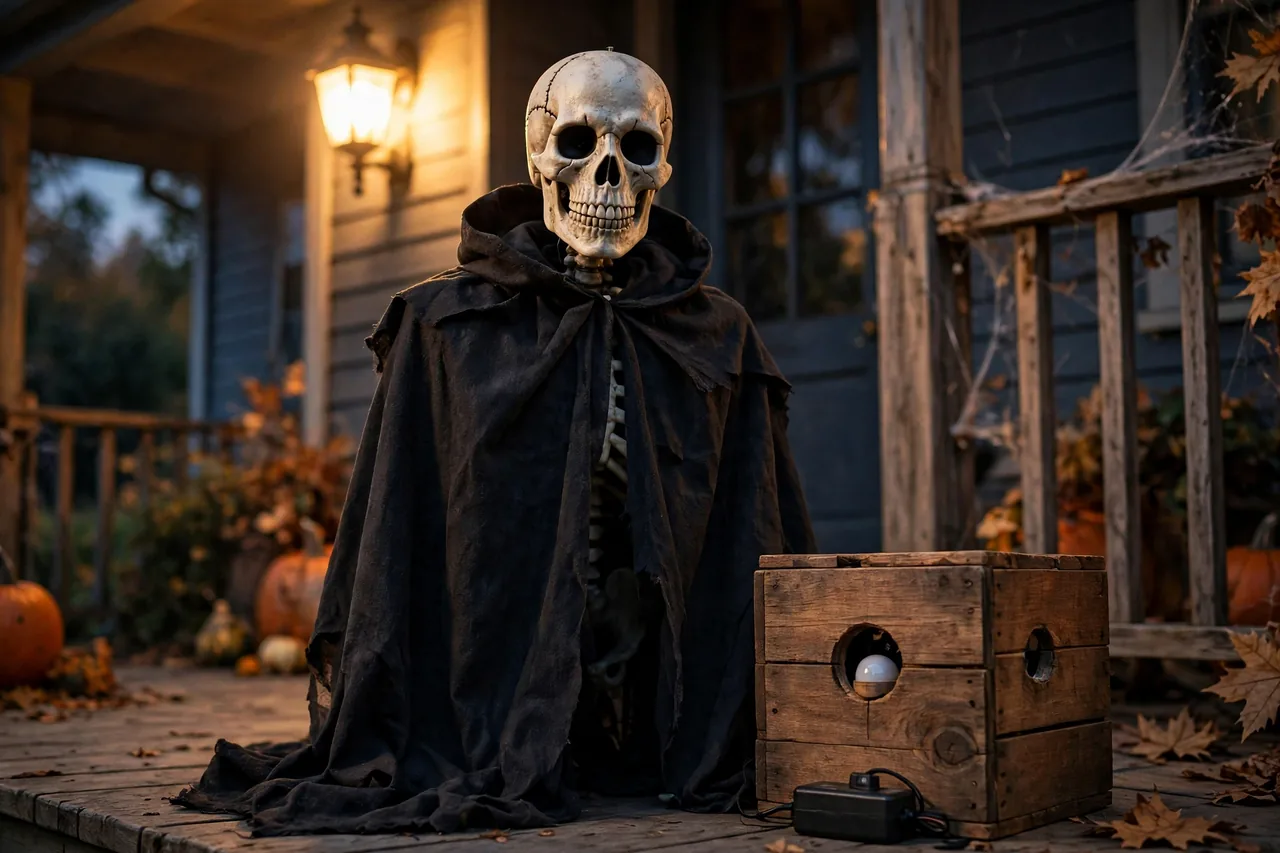 Finished cloaked skeleton animatronic on a porch at dusk with the PIR sensor dome peeking through a wooden crate's knothole