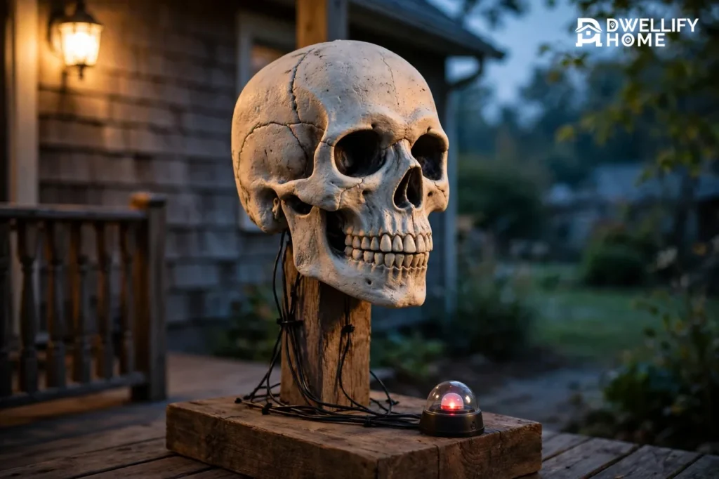Homemade animatronic skull head on a wooden post with wires and a glowing PIR sensor on a porch at dusk