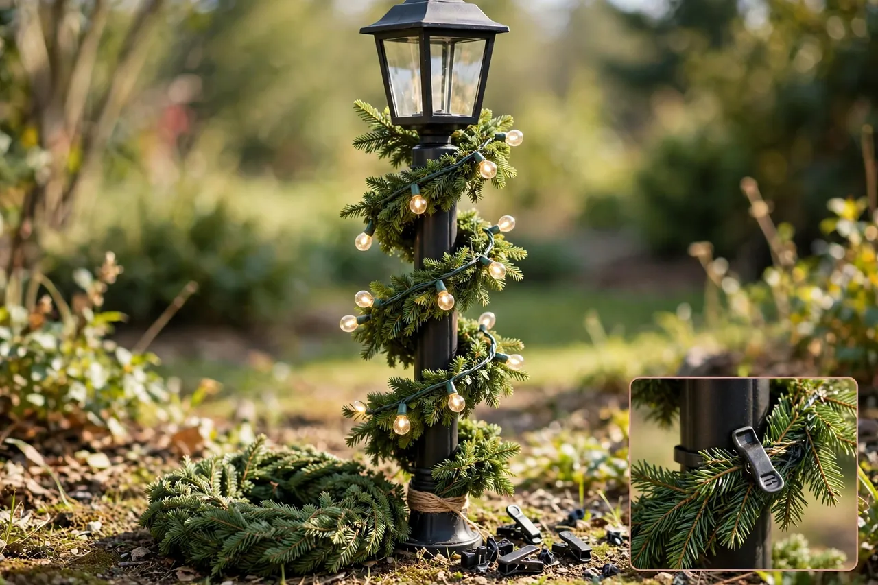 Lamp post with evergreen garland spiralled evenly upward and string lights woven on top of the garland tips, with a close-up inset of a clip fastening the garland to the pole and spare garland at the base