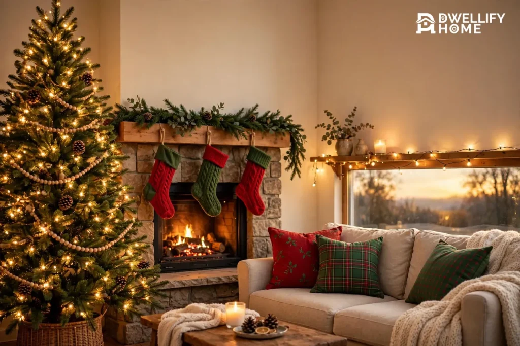 Warm living room decorated for Christmas with a glowing tree, fireplace mantel with garland and stockings, and a sofa with red and green cushions