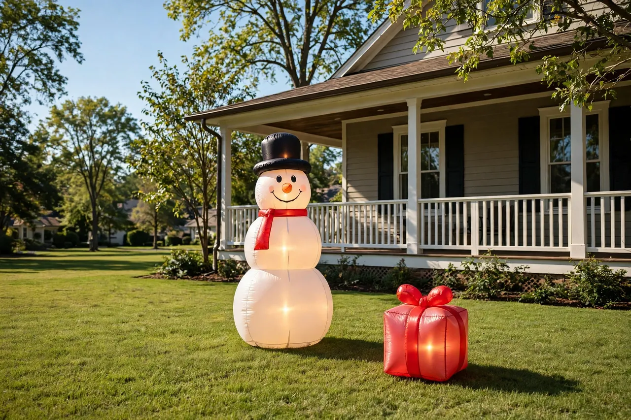 Medium glowing inflatable snowman on a flat lawn in front of a house porch with clear space around it and a smaller inflatable gift box beside it