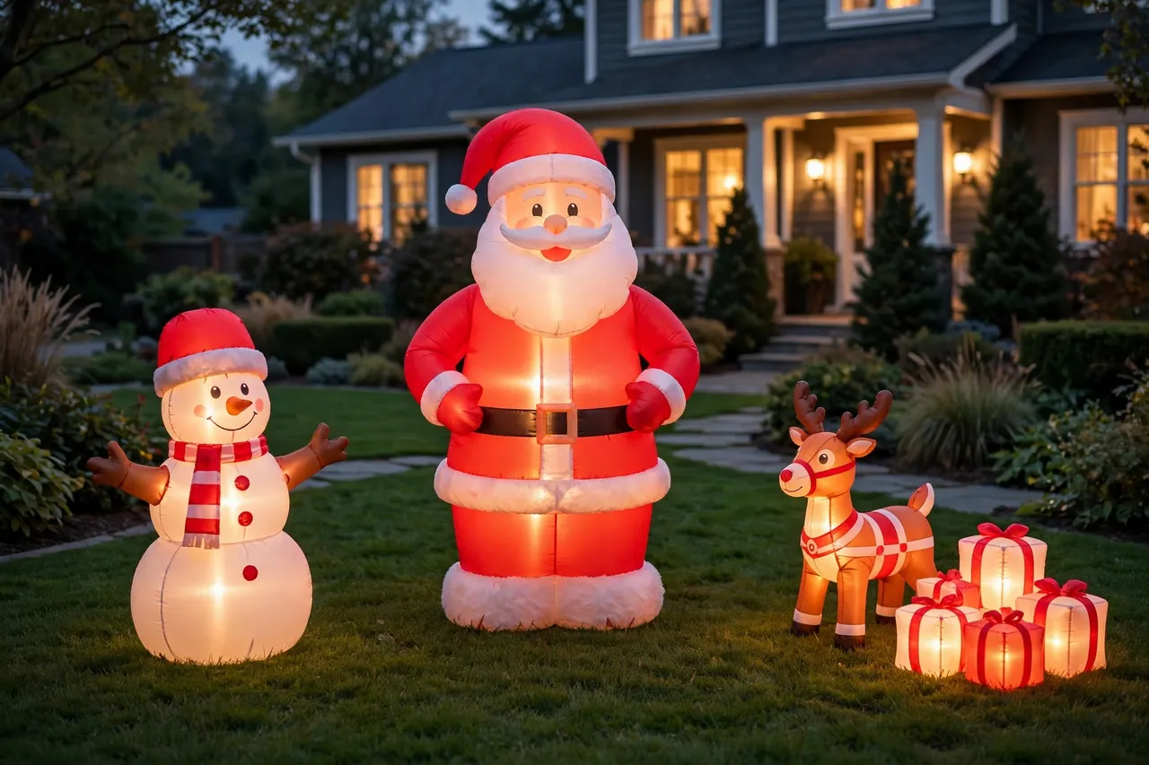 Large glowing inflatable Santa in the center of a lawn flanked by a smaller glowing snowman, a small reindeer and glowing gift boxes at dusk