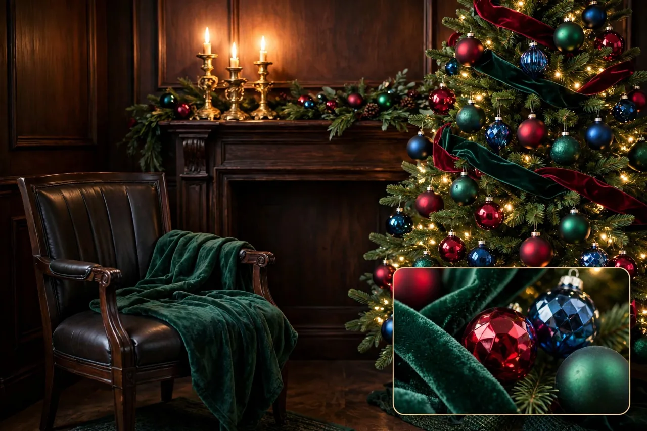A candlelit jewel-tone Christmas corner with a tree dressed in ruby red, emerald green and sapphire blue ornaments and velvet ribbon, antique gold candle holders on a dark wood mantel, and an emerald throw on a leather chair, with a magnified inset of velvet ribbon and jewel baubles
