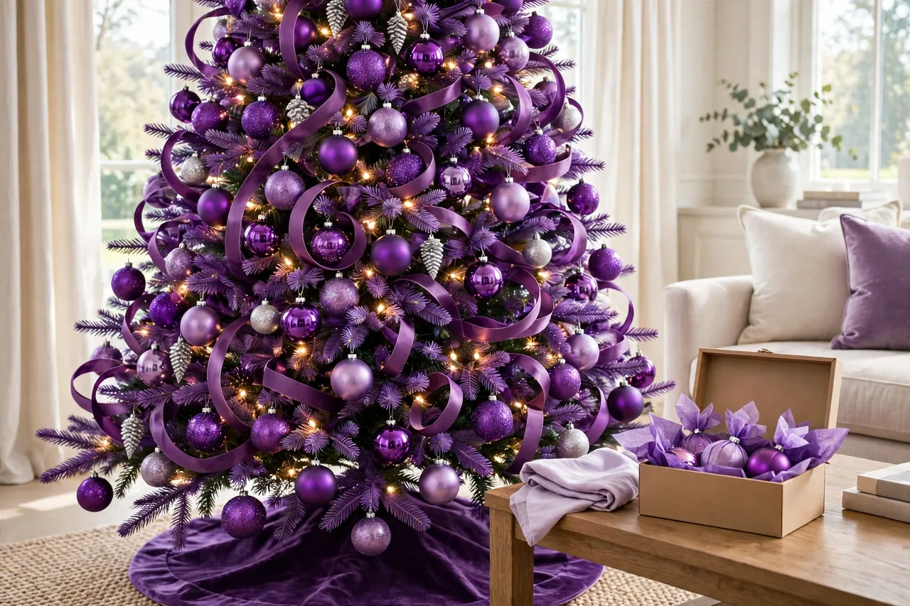 A vivid fully decorated purple Christmas tree beside a side table holding a soft cloth and an open box of purple ornaments wrapped in tissue for careful storage