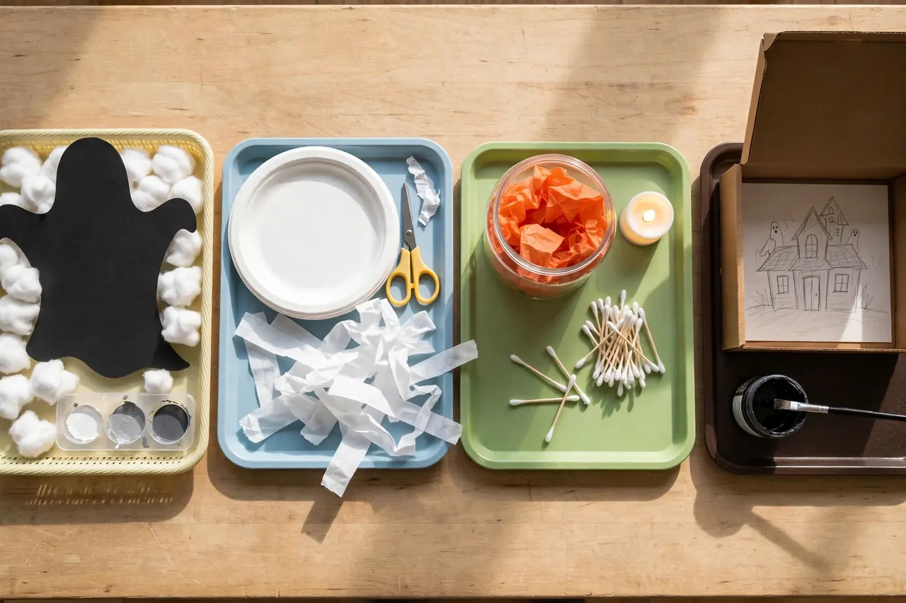 Four color-coded trays of Halloween craft kits organized by age band: cotton balls, paper plates, a plastic jar with tissue, and a cardboard box