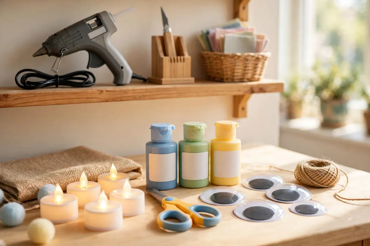 Child-safe craft supplies with flameless LED tea lights, blunt-tip scissors and big paper eyes, while a hot glue gun and craft knife sit out of reach on a high shelf