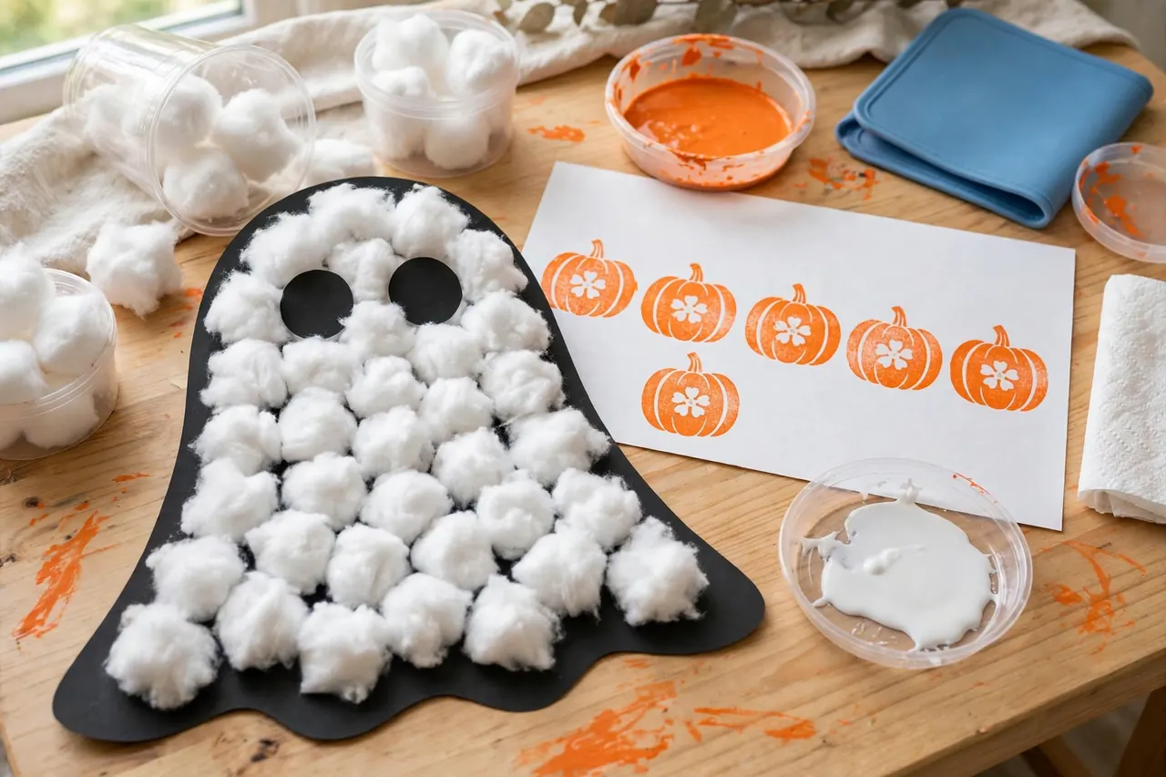 Cotton ball ghost with big paper eyes and orange apple-stamp pumpkin prints made with washable toddler materials