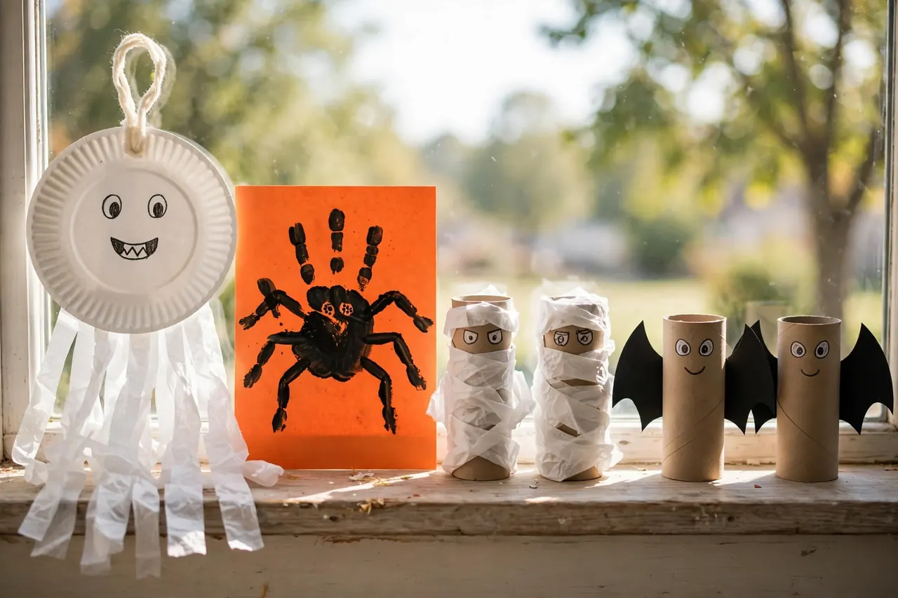 Finished preschool crafts on a windowsill: paper plate ghost with tissue tail, handprint spider, toilet roll mummies and bats