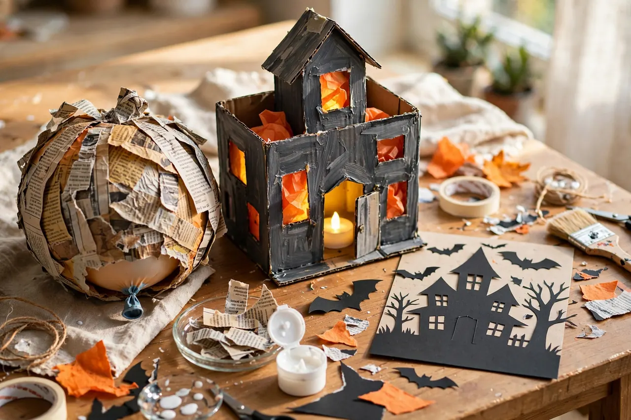 Tween projects in progress: newspaper papier-mache pumpkin on a balloon, cardboard haunted house with glowing tissue windows, and a black card window silhouette scene