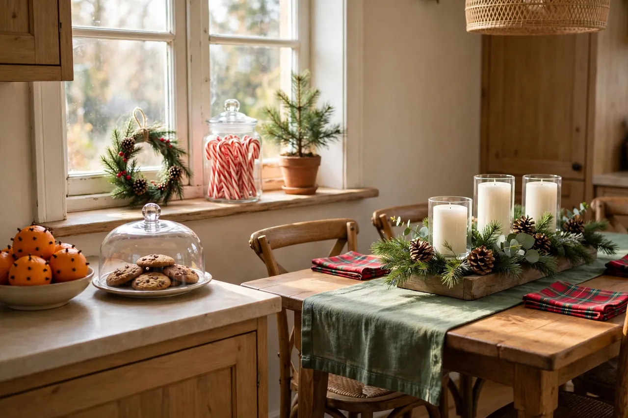 Kitchen windowsill with a tiny wreath, a jar of candy canes and a potted pine, beside a dining table with a low greenery, pinecone and candle centerpiece