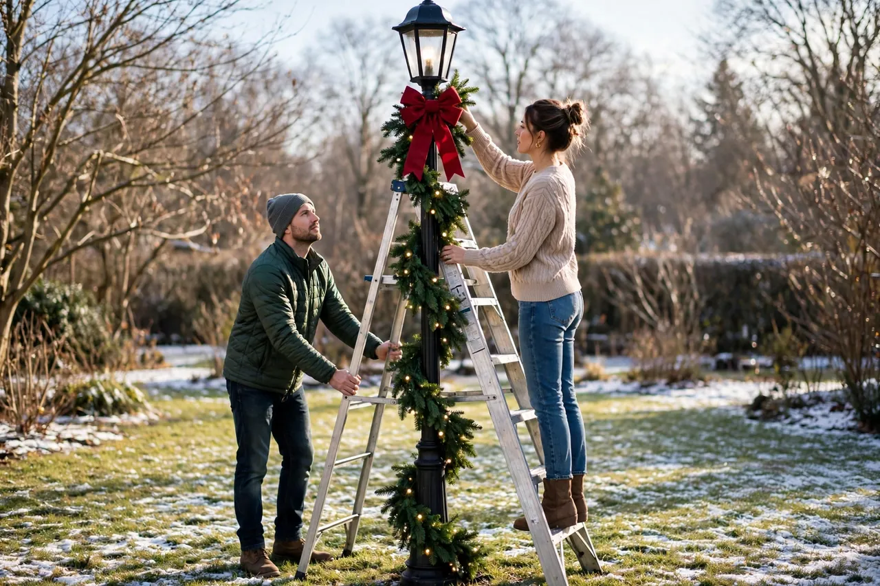 Woman on a low ladder rung adjusting garland and a red bow on a Christmas lamp post while a man steadies the ladder base on a snowy lawn