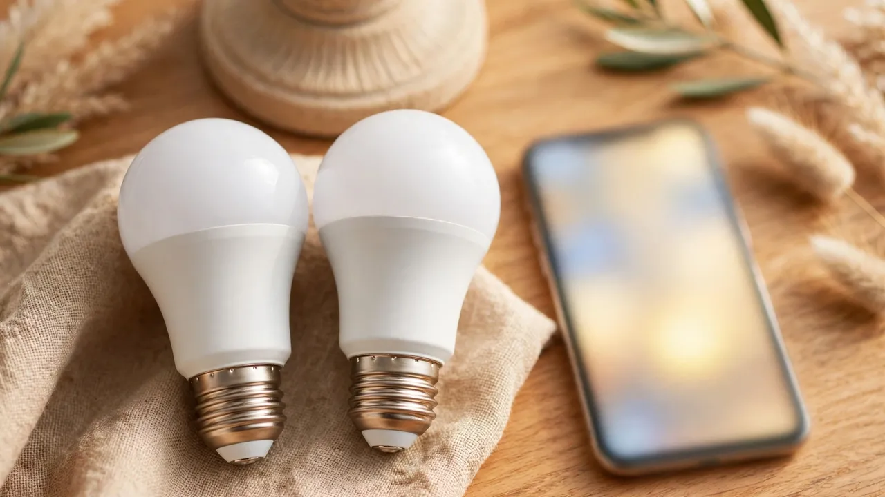 Two A19 smart bulbs on a table beside a smartphone with a blurred glowing screen and a lamp base