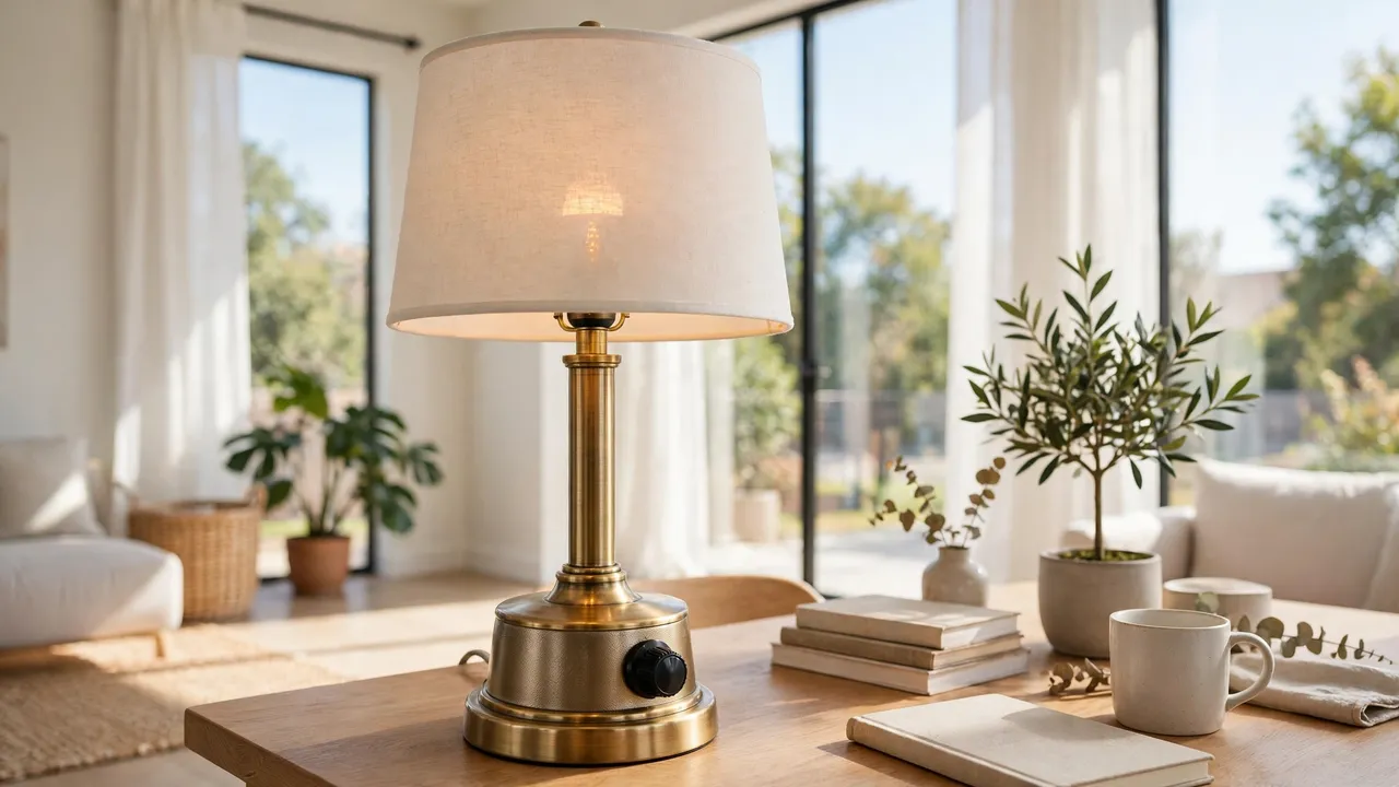 Table lamp with a built-in dimmer knob on its base in a bright room, its smart bulb glowing only weakly