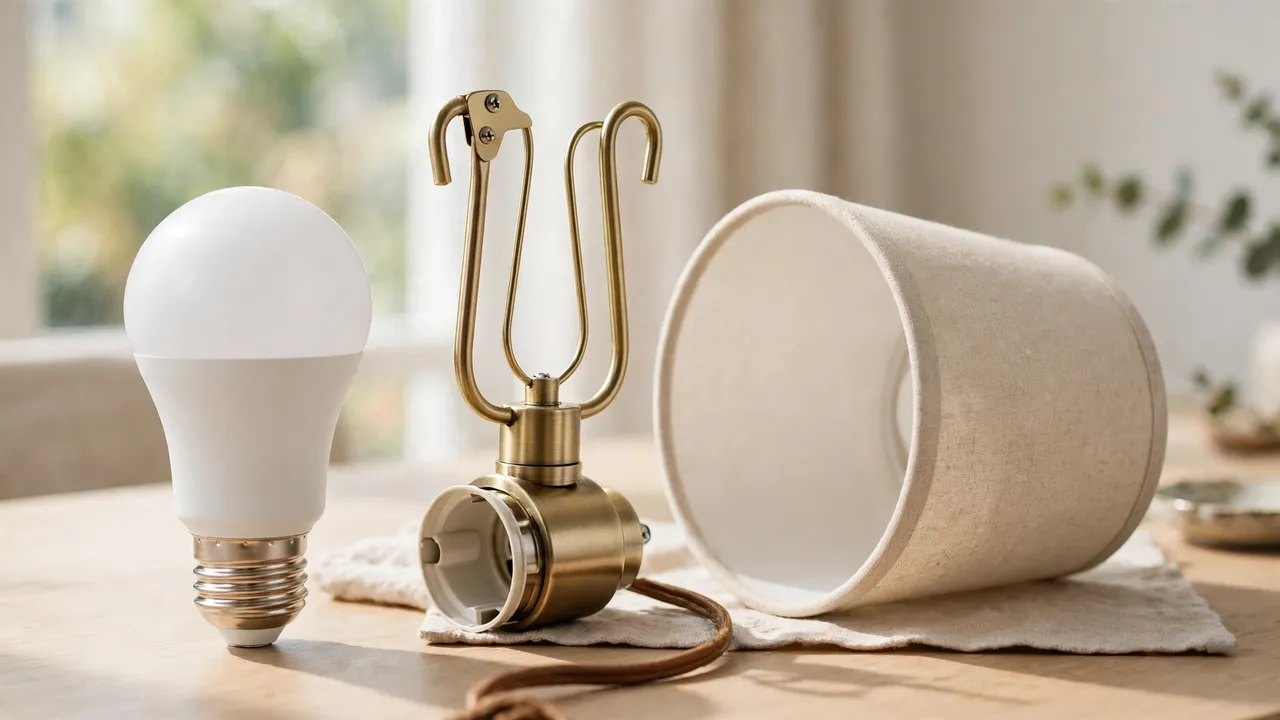 A19 smart bulb showing its E26 screw base, beside a lamp socket with harp and a fabric shade — the fit check