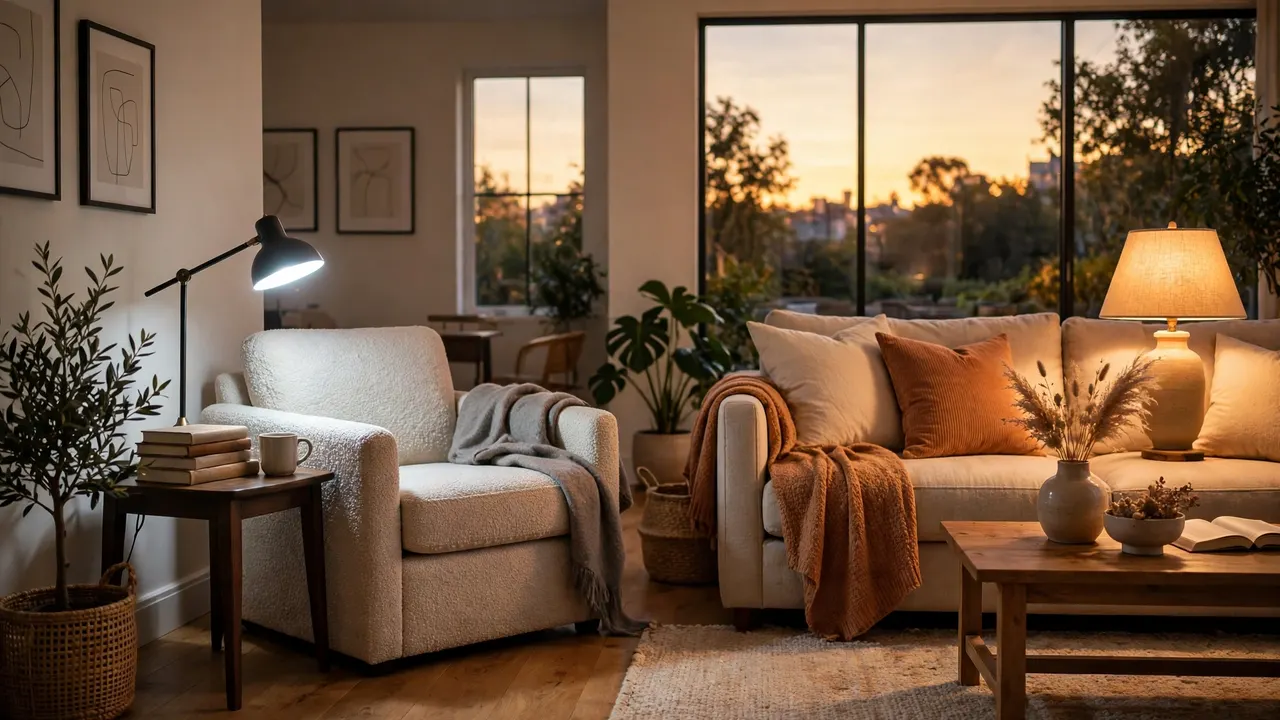 Living room with two lamp scenes at once: a bright cool reading lamp by the chair and a warm amber lamp by the sofa
