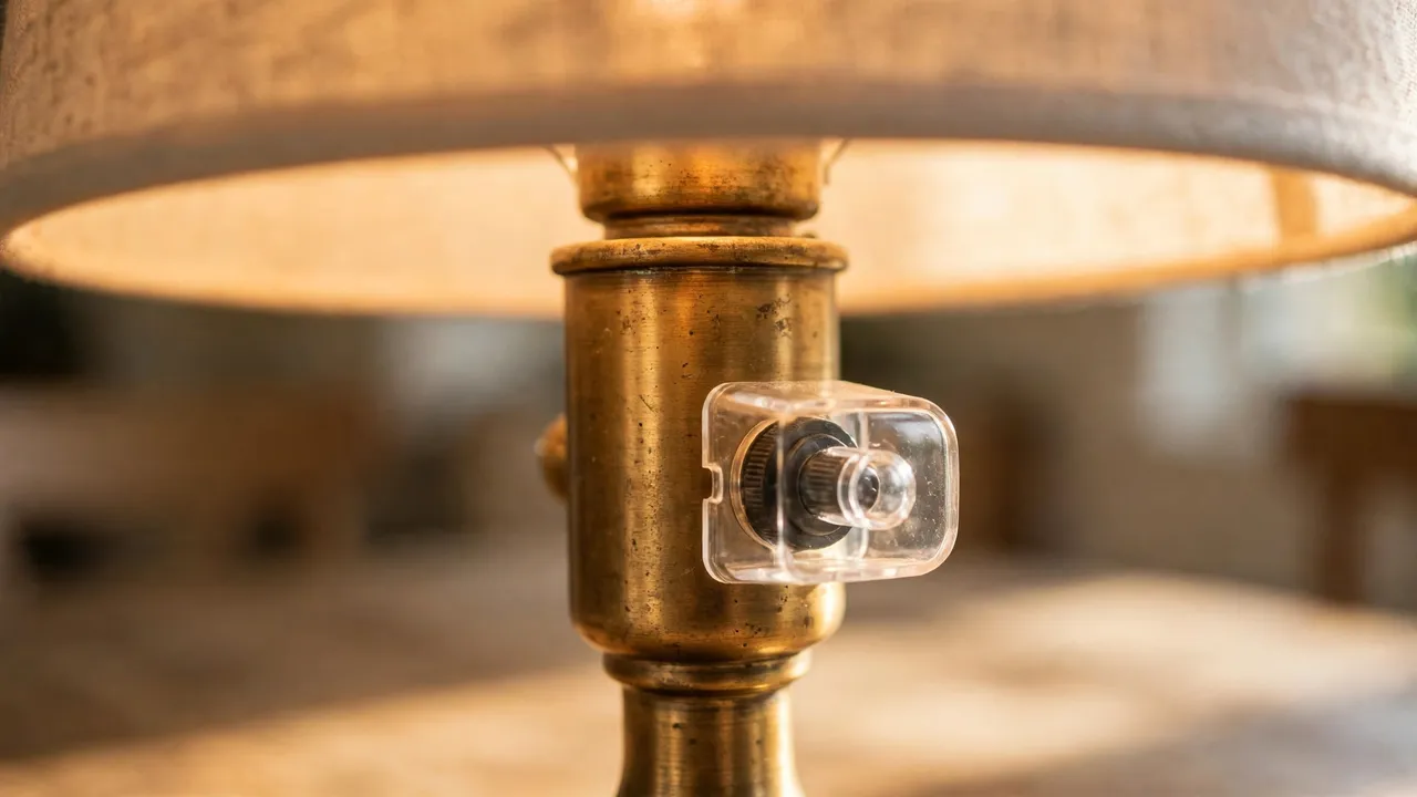 Close-up of a clear plastic switch guard fitted over a lamp's rotary switch so the smart bulb stays powered