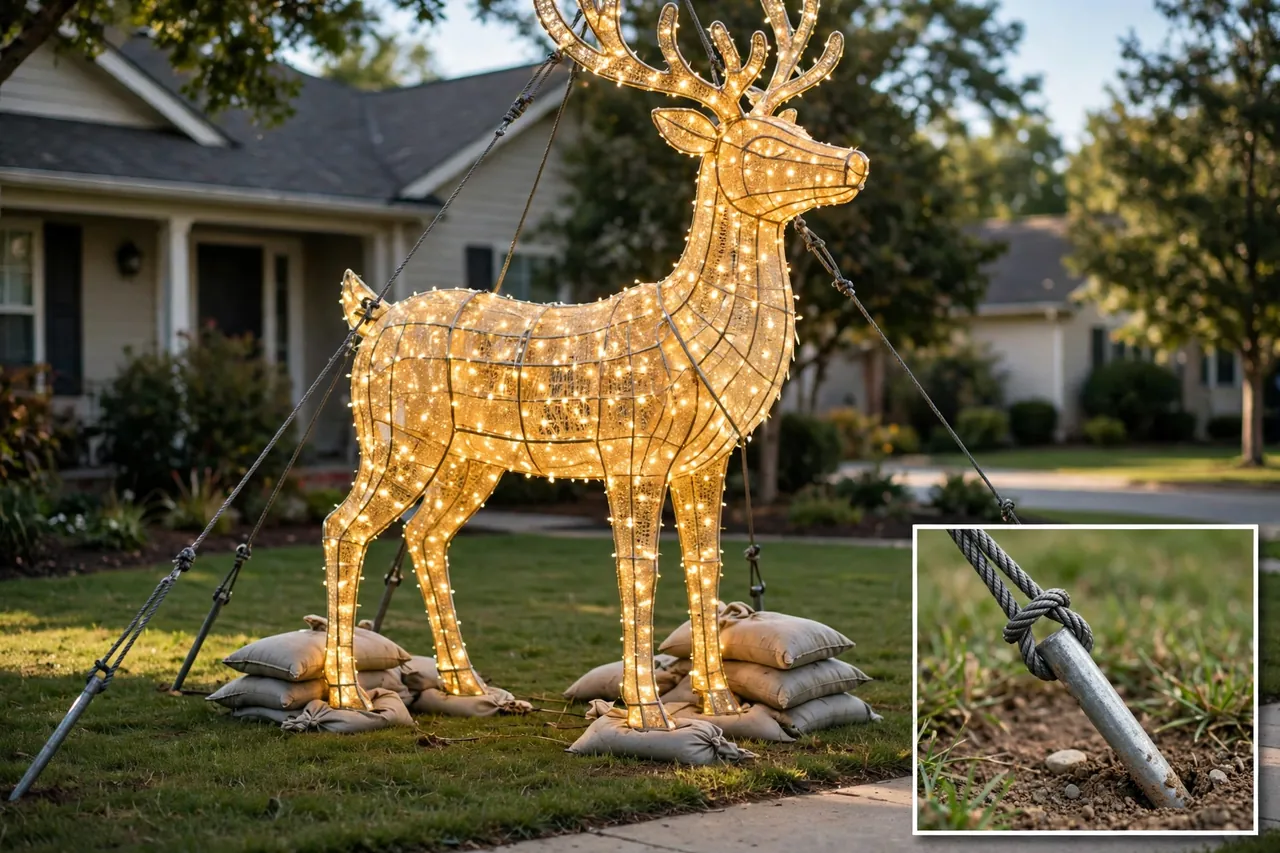 Large glowing reindeer figure anchored in a front yard with taut guy lines, angled metal stakes and sandbags at its base, with a close-up inset of an angled stake and rope