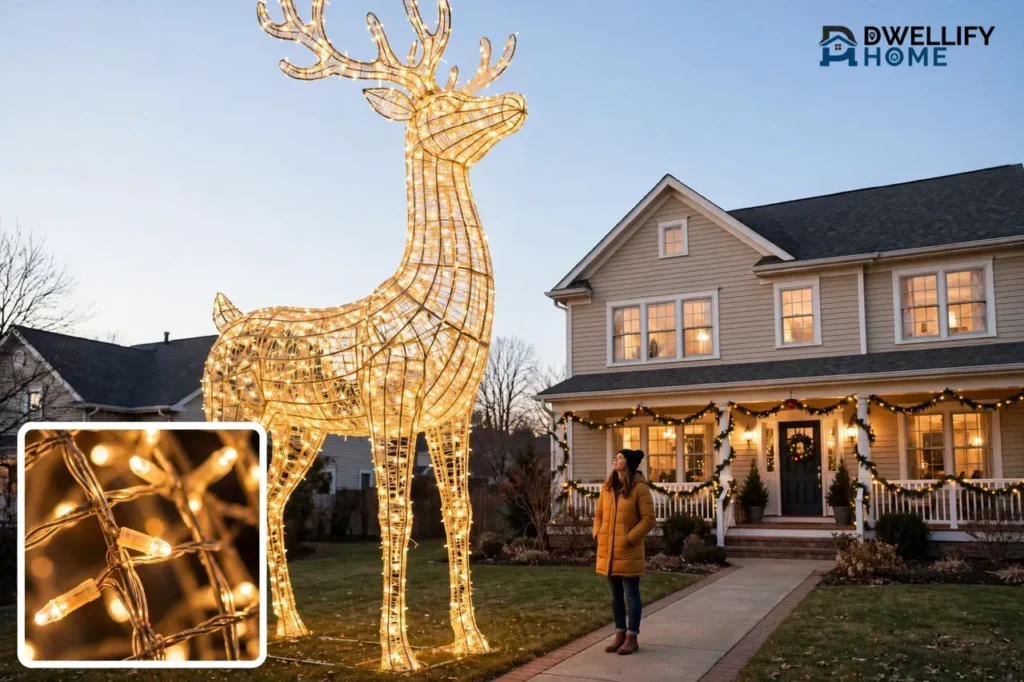 Oversized glowing lighted reindeer figure towering over a person on the walkway in front of a two-story house at dusk, with a close-up inset of its warm lights
