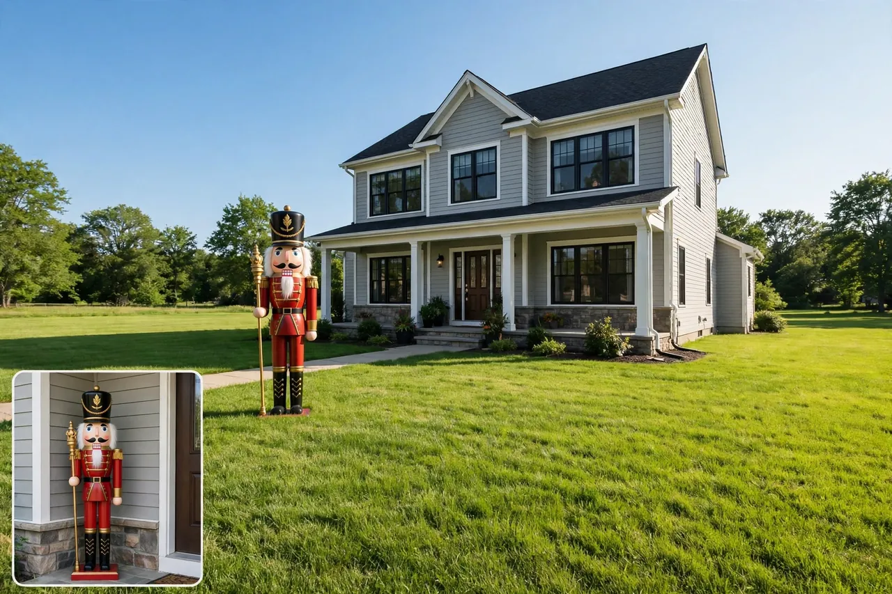 Tall red nutcracker hero figure standing off-center on an open lawn in front of a two-story house, with a close-up inset of the figure beside the front door showing its scale