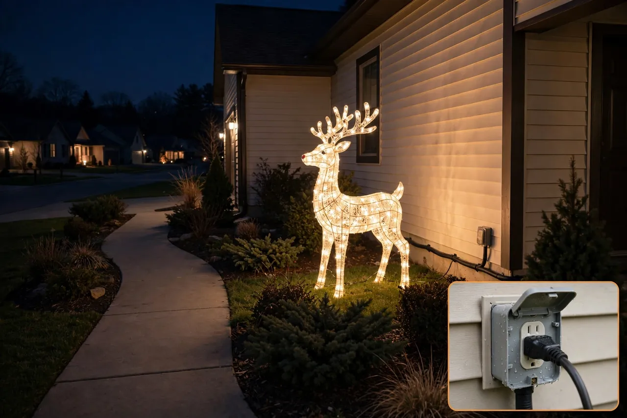 Large reindeer figure glowing warm white at night beside a house, cords routed along the wall, with a close-up inset of a weatherproof outdoor outlet connection