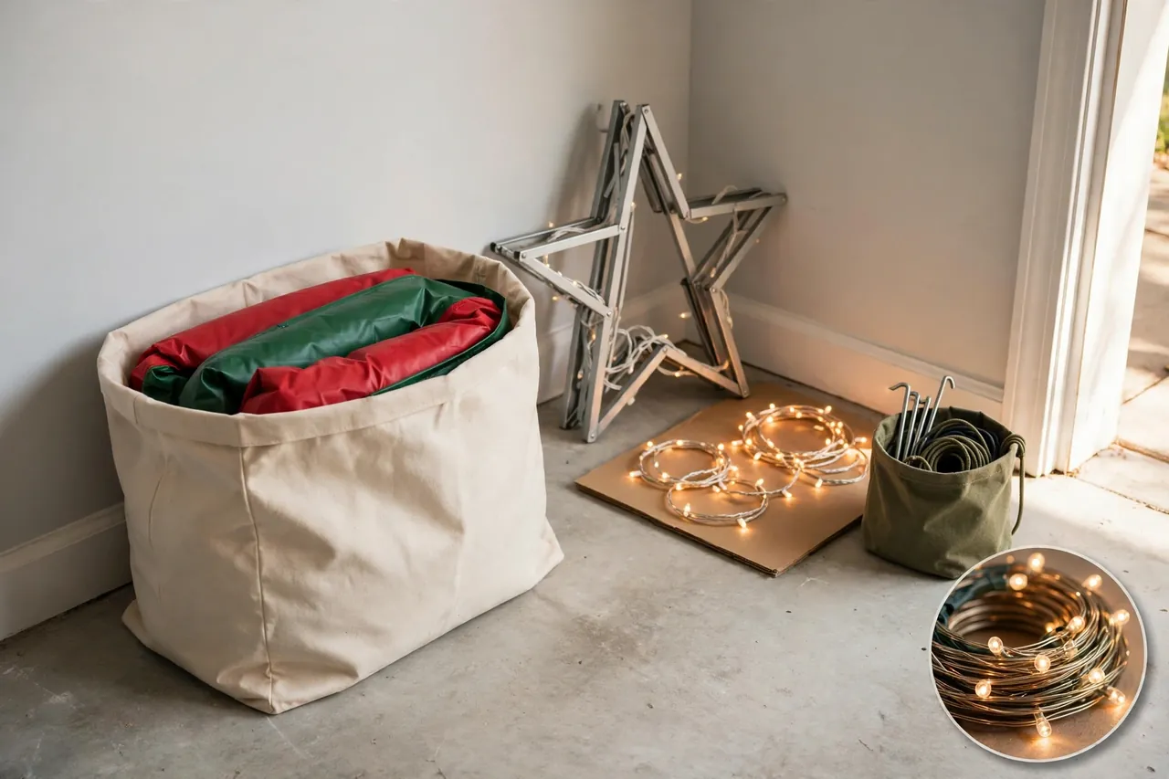 Large Christmas pieces stored neatly in a garage corner: a folded inflatable in a canvas bag, a flat lighted star frame, coiled light strings and a pouch of stakes and guy lines, with a close-up inset of coiled lights