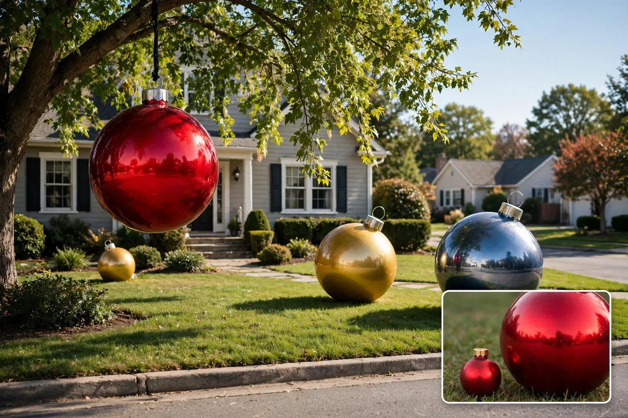 Giant glossy red, gold and silver Christmas ornaments in a front yard, one huge red ornament hanging from a tree, with a close-up inset comparing a small ornament to a giant one