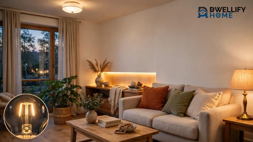 Warm living room with automated lighting: ceiling light, table lamp and LED strip glowing together in one scene, with a close-up inset of a smart bulb