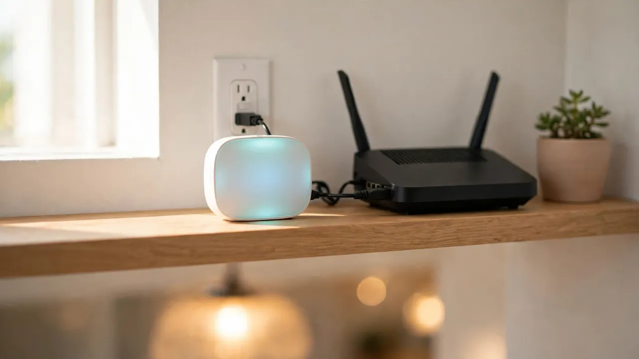Smart home hub connected by cable to a WiFi router on a wooden shelf