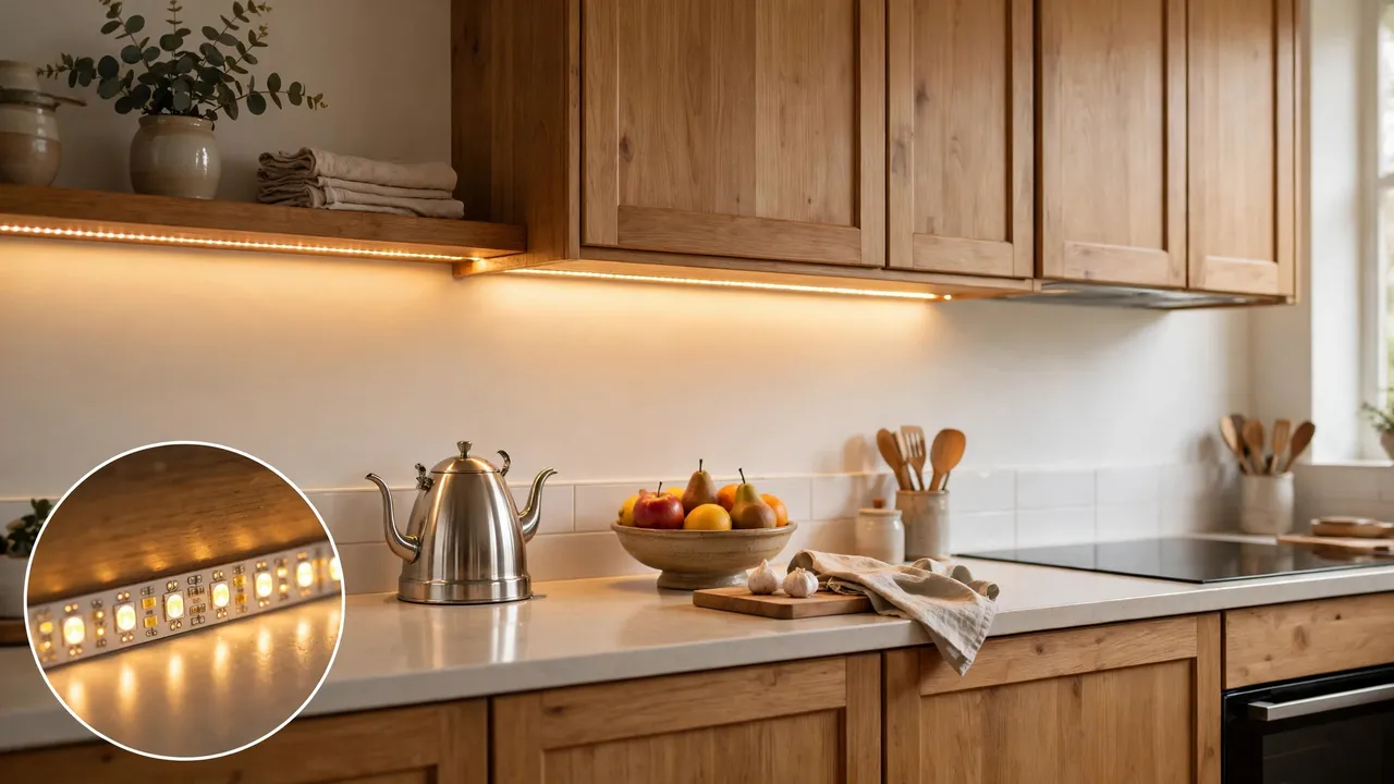 Smart LED strip glowing warmly under kitchen cabinets, with a close-up inset of the strip's LED dots