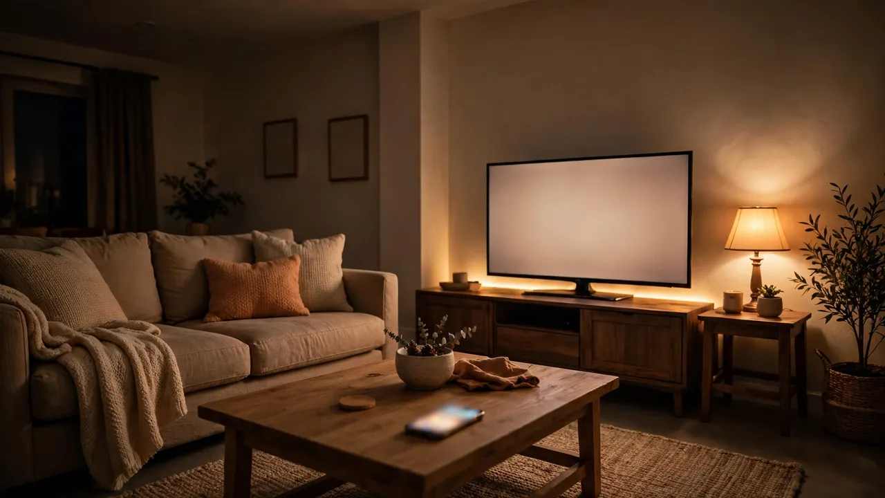 Living room at dusk with warm scene lighting set by a schedule, showing dimmed lamps and soft accent light