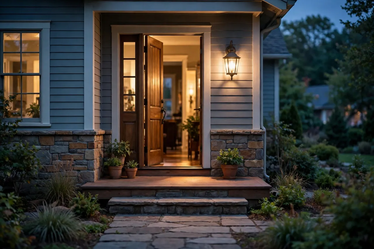 Home entryway at dusk with an automated porch light glowing beside the front door