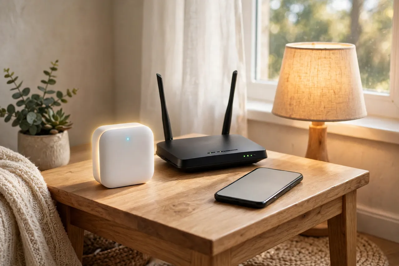 Smart hub, WiFi router and smartphone on a side table beside a lit lamp — the parts of a smart lighting system