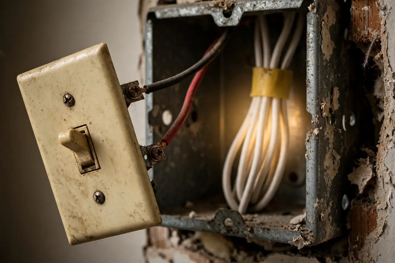 Old switch pulled out of the box showing the capped white neutral wire bundle at the back
