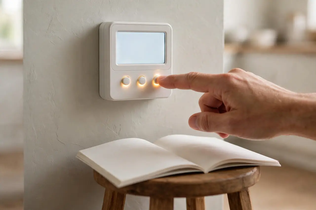 Finger pressing the small programming buttons on a digital timer switch