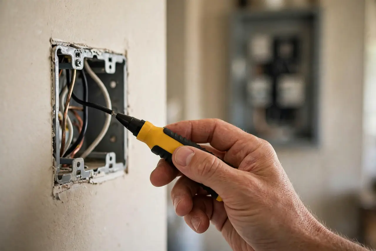 Hand holding a non-contact voltage tester to the switch wires to prove the power is off