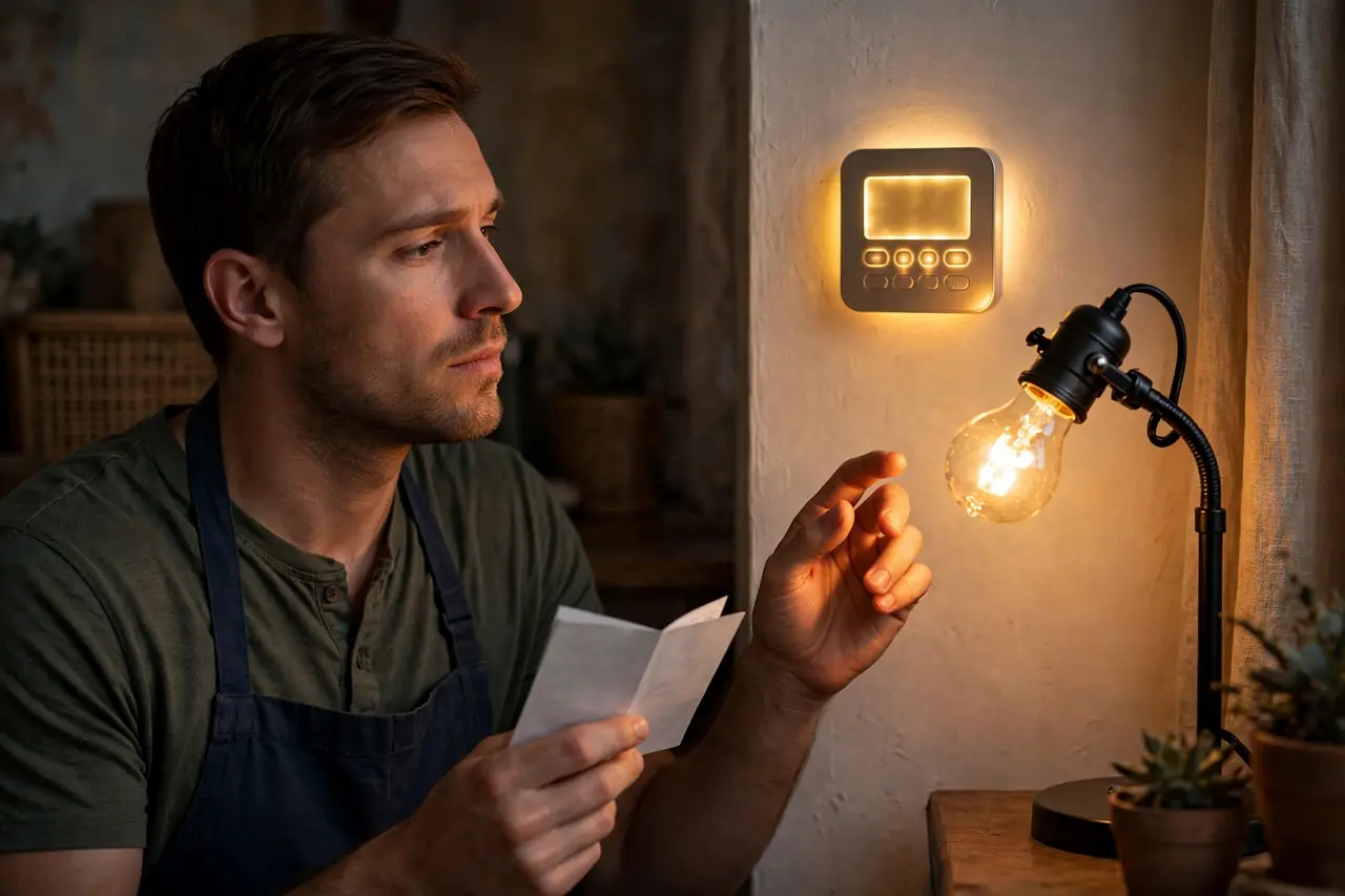 Homeowner checking an LED bulb that flickers on a timer switch