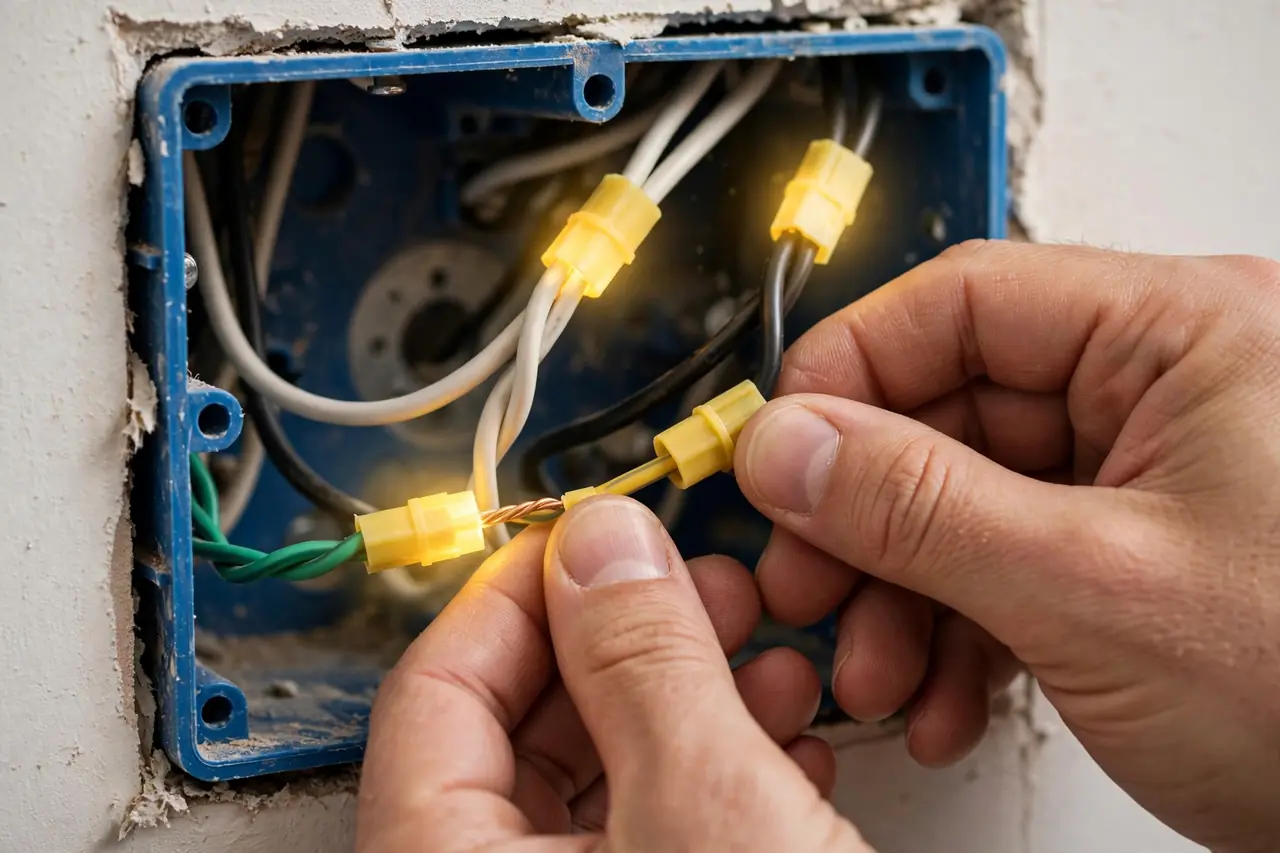 Hands connecting the timer switch wires with wire connectors inside the wall box