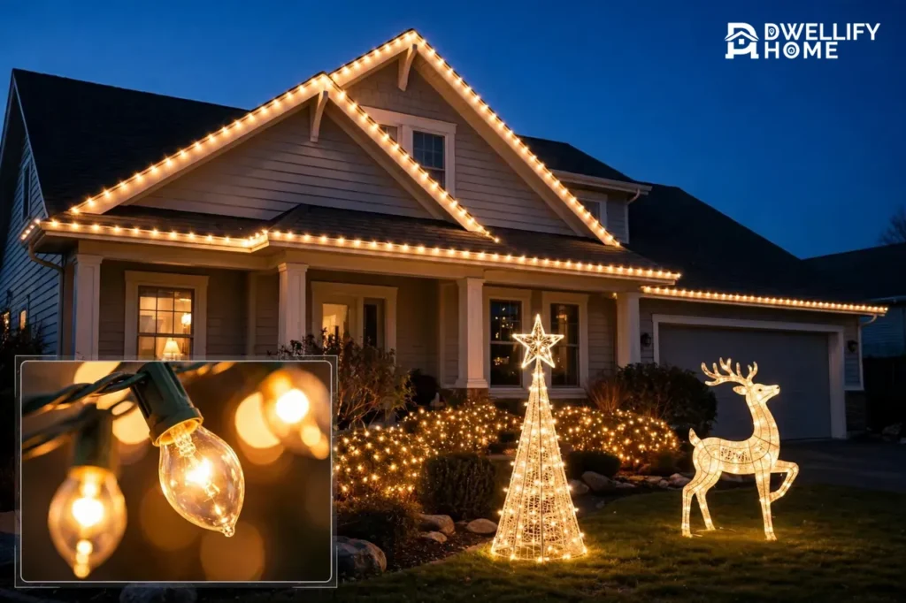 House at dusk glowing with warm white Christmas lights on the roofline and bushes, a lit star tree and a glowing reindeer on the lawn, with a magnified close-up of warm bulbs at the bottom left