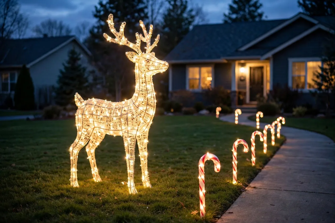 One tall glowing reindeer figure made of warm lights standing on open lawn, with a row of matching lit candy cane stakes along the walkway