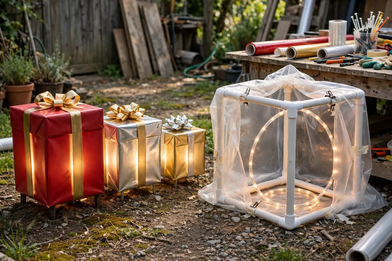 Ready-made lighted gift boxes in red, silver, and gold beside a DIY pipe-frame gift box wrapped in translucent material with LED lights inside