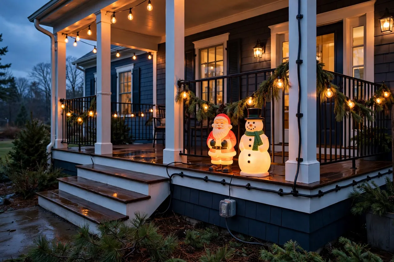 Glowing vintage blow mold Santa and snowman on a porch with cords routed neatly along the porch edge into a covered outdoor outlet