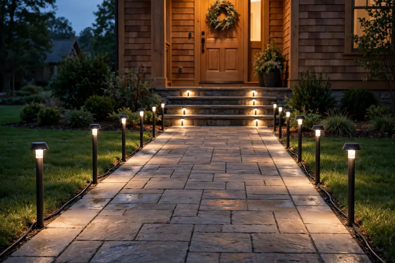 Stone walkway lined with evenly spaced warm pathway lights and small lights on each step leading to a warmly lit front door