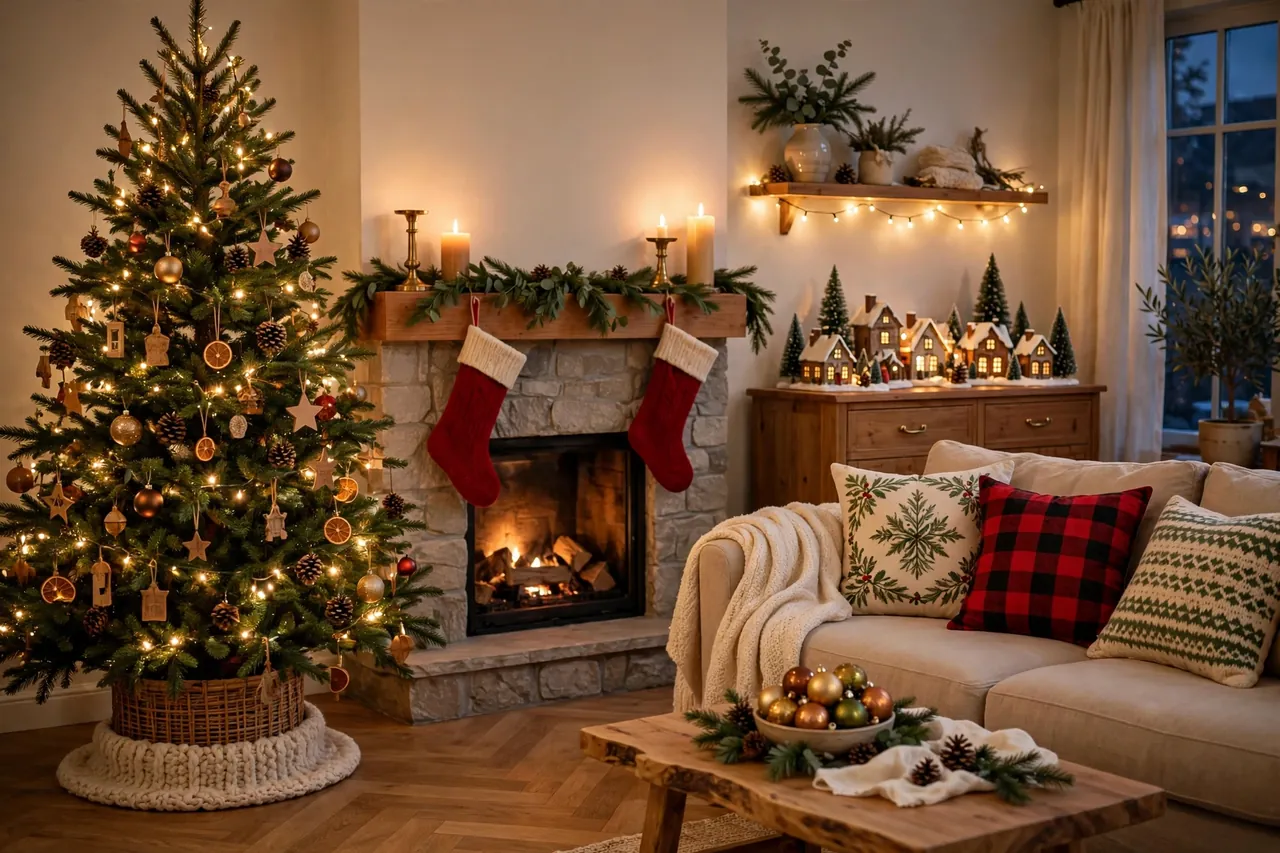 Cozy living room with a Christmas tree, mantel with garland and stockings, festive cushions, a bowl of ornaments on the coffee table, and a lit village scene on a sideboard